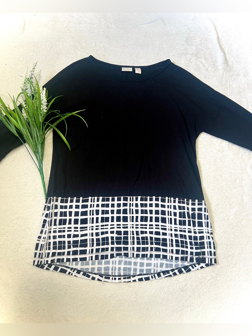 Chico's Black/White Checked Plaid Tunic Blouse - Medium (Size 1)